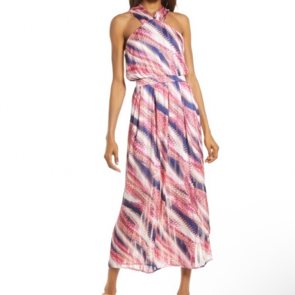 Chelsea28 Maxi Dress Chiffon Pleated Halter Abstract Print Pink Navy Wedding
